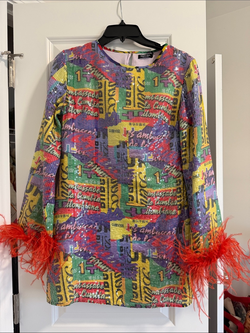 Colorful Sequin Dress with Feather Cuffs